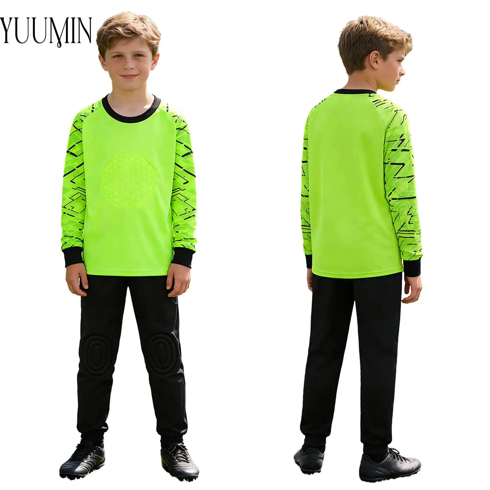 Kids Boys Girls Protective Pads Football Goalkeeper Outfit Geometric Print Long-sleeve Jersey+Pant Sportswear Soccer Uniform Set