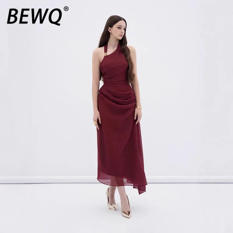 BEWQ فستان نسائي أنيق أنيق بدون ظهر عالي الخصر تصميم بلون سادة فستان الحفلات المسائية 2025 خريف جديد