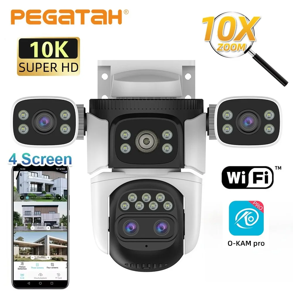 PEGATAH 10K UHD Outdoor WIFI IP Camera 10X Zoom Four Lens 360 PTZ Security Cam Human Detection Cctv Home Surveillance Camera