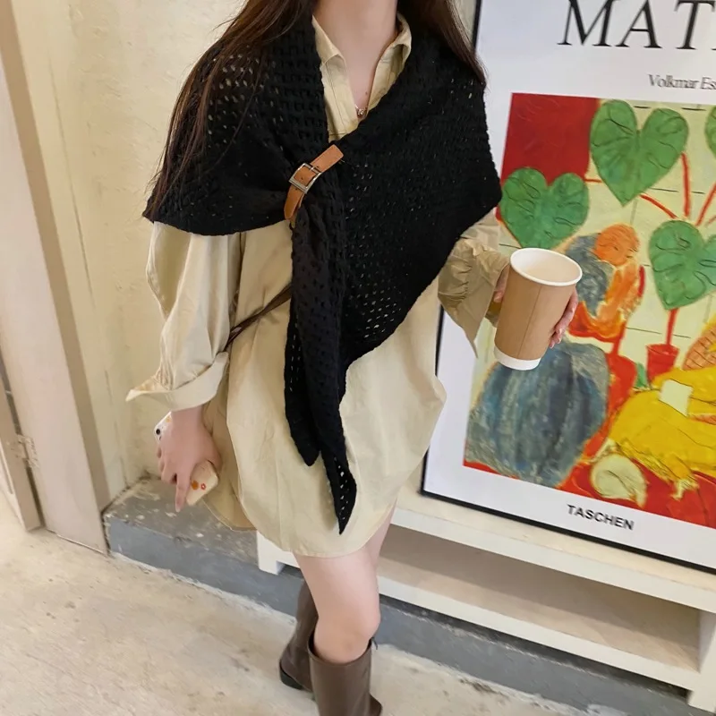 2024 Autumn and Winter Triangular Binder Knitted Wool Shawl Top Outer Scarf Scarf Dual-Purpose with Buckle Shawl Cape