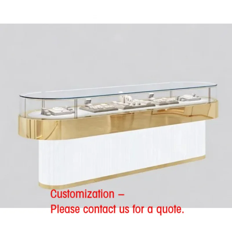 Exhibidor de Joyería de Lujo en Dorado con Iluminación LED, Vitrina Curva de Vidrio para Anillos, Collares y Relojes, para Venta al por Menor y Compras