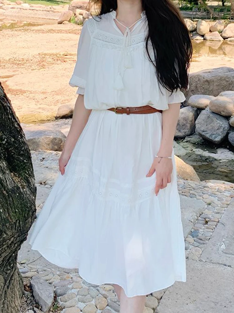 

Summer White Dress Women Elegant Chic Long Dresses Female Casual Long Sleeve Holiday Dress 2024 Ladies Sweet Lace Up Vestidos