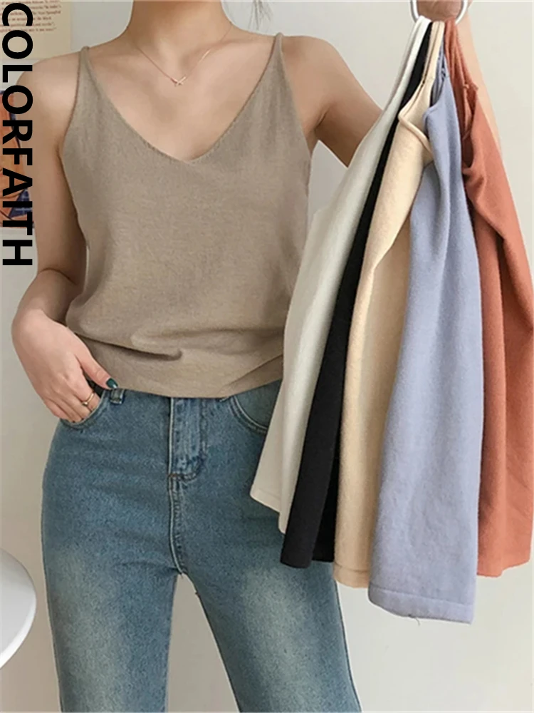 Colorfaith V6225 New 2024 Knitting Solid Multi Colors Tank Sexy Basic Lady Bottoming Spring Summer Women Tops V-Neck Vest Tops