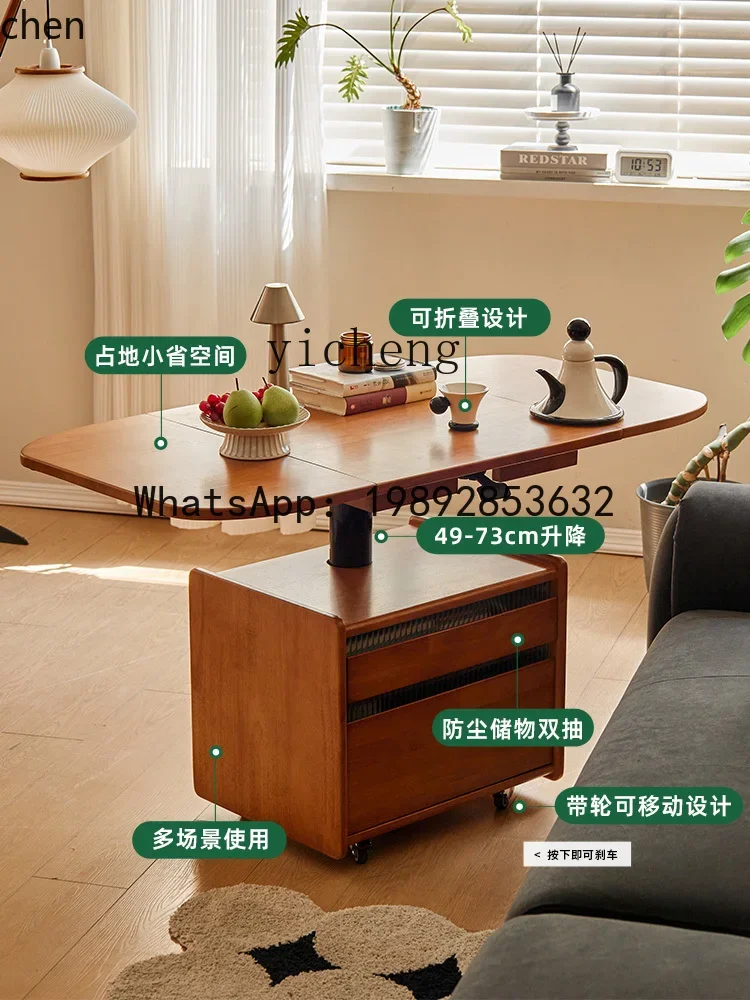 

AA solid wood lifting coffee table foldable living room household mobile small apartment tea table with wheel sofa