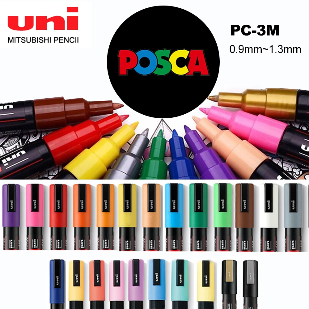 Japan UNI POSCA Marker Pens Set Acrylic PC-3M 0.9-1.3mm Permanent POP Poster Advertisement Graffiti Painting School Art Supplies