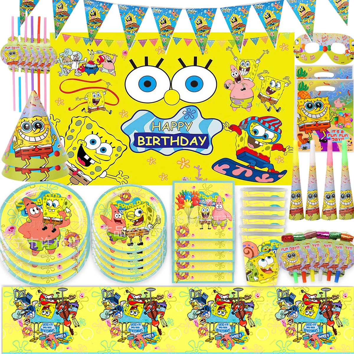 Cartoon Yellow The-Sponge-Bobs Theme Children's Birthday Party Decor Disposable Tableware Plate Tablecloth Napkin Baby Shower