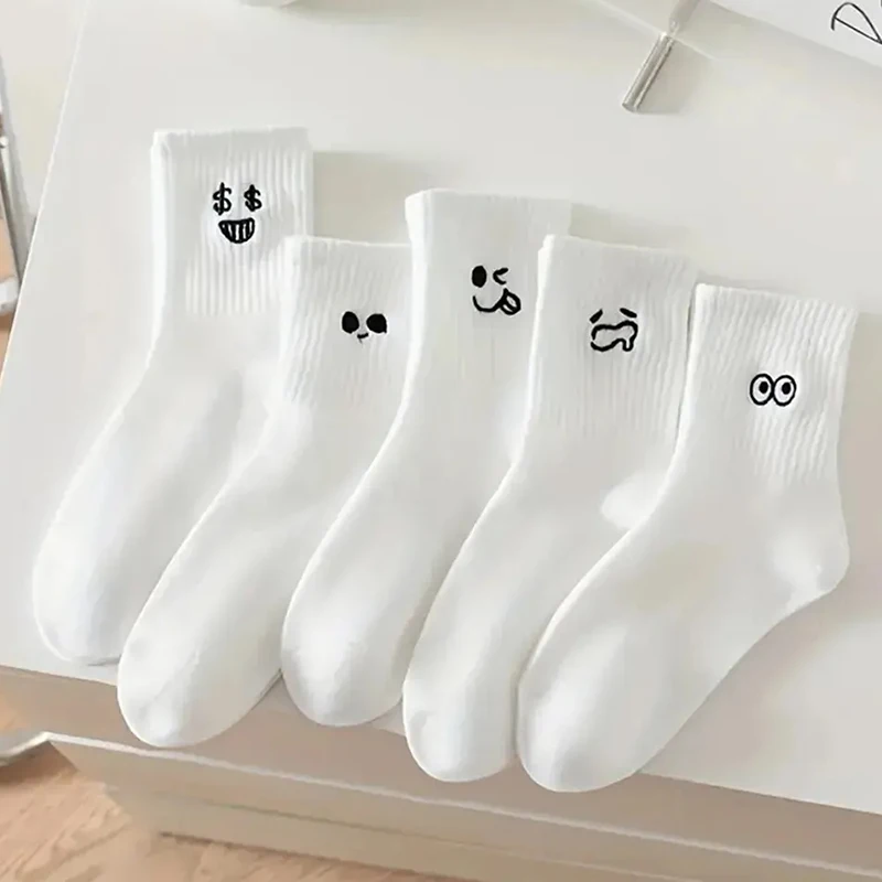 5 Pairs Women's Cartoon Socks Round Neck Mid Tube Fashionable Cute Expression Pattern Socks Casual Breathable Autumn Girls Socks image 2