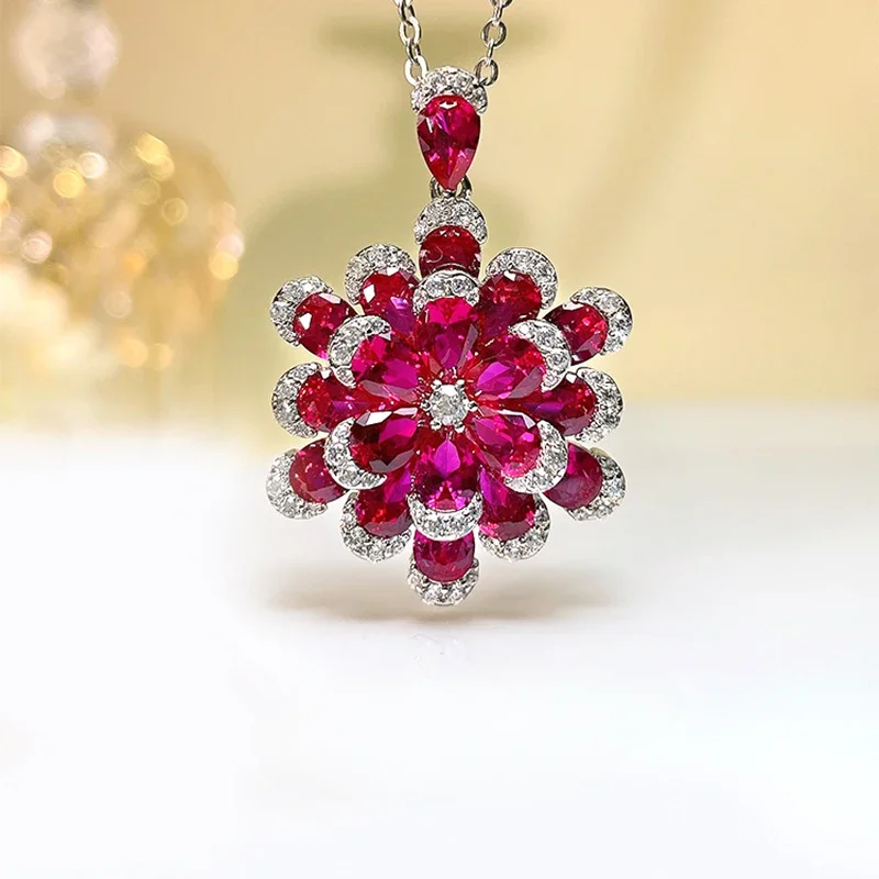 Desire Artificial Rose, Ruby, Flower Necklace, Collar Chain, Christmas and New Year Gifts, Luxury   925 Silver