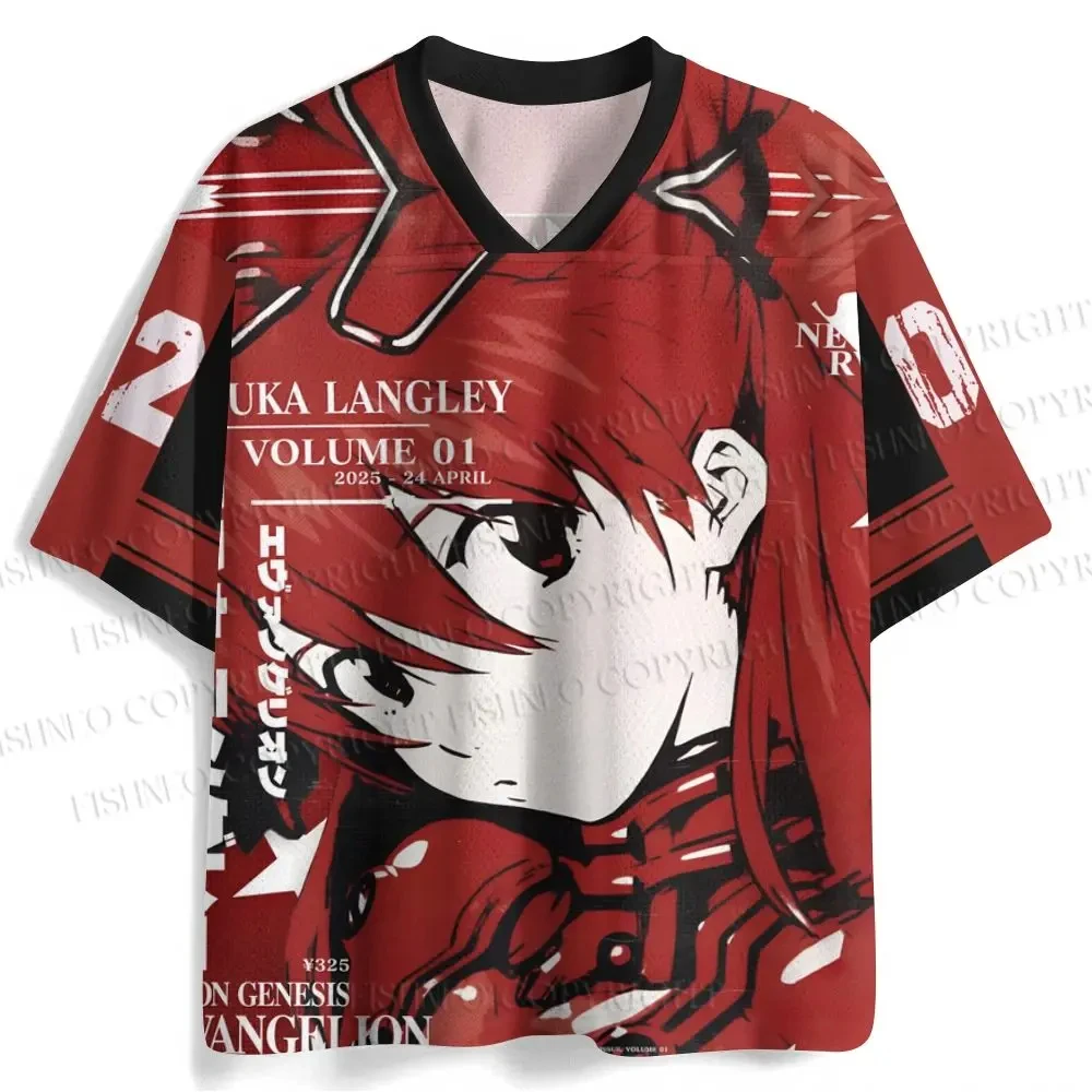 Neues Asuka Langley Jersey NERV Logo V-Ausschnitt Kurzarm-T-Shirt für Herren Neon Genesis Evangelion Anime Mecha Fan Casual Streetwear