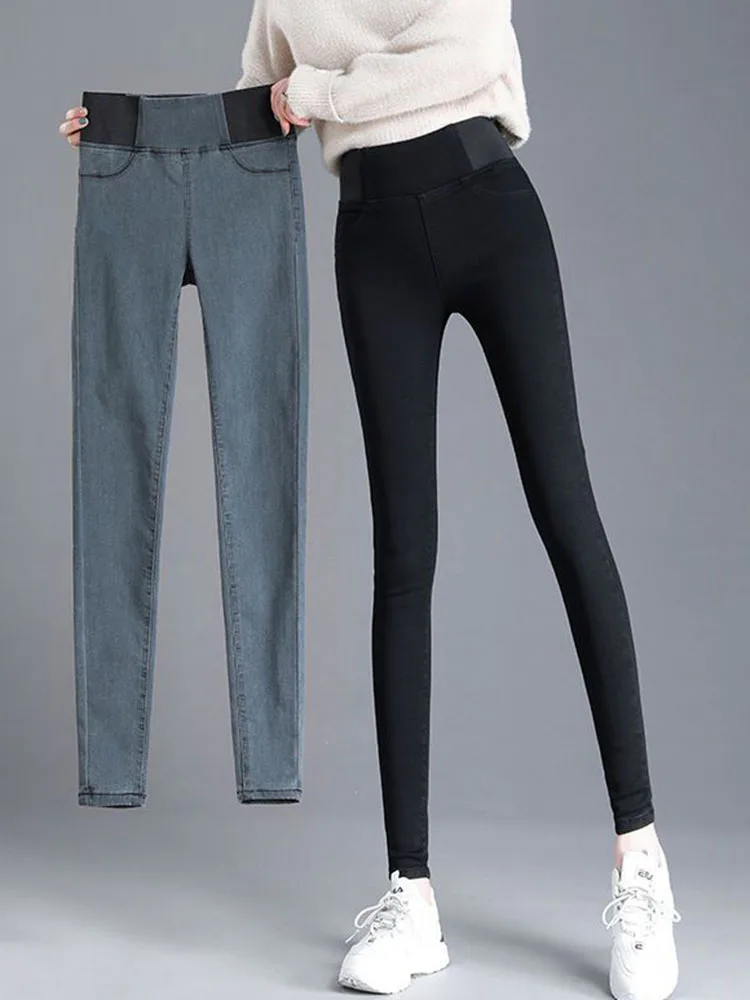 ارتفاع الخصر مستقيم دافئ نحيل الجينز المرأة عادية ريترو سليم الصوف Vaqueros مطاطا الكورية موضة خمر الدينيم السراويل