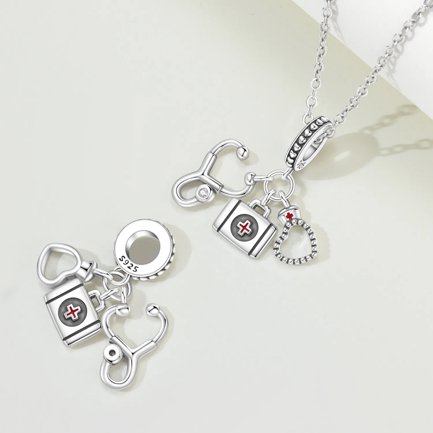 MISEFF S925 Sterling Silver Charm Stethoscope Medical Kit Nurse Cap Pendant For Bracelet DIY Jewelry Making Women Gift