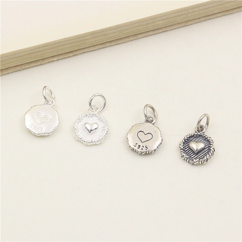 100% Real Sterling 925 Silver Accaccessories Cute Heart Charm Pendant For Bracelets and Necklaces Key Diy Material for Jewelry