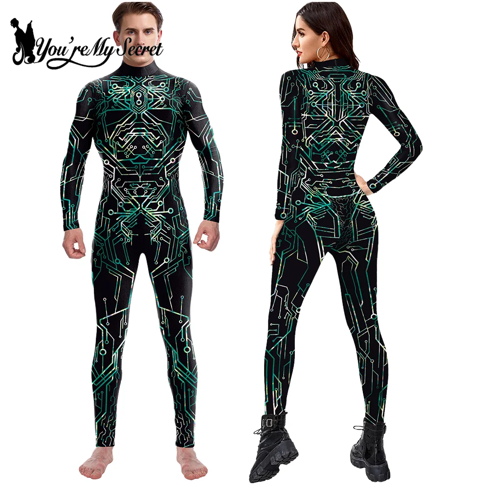 

[You're My Secret] Couple Punk Jumpsuit 3D Circuit Board Print Catsuit Long Sleeve Full Bodysuit Halloween Cosplay Outfit