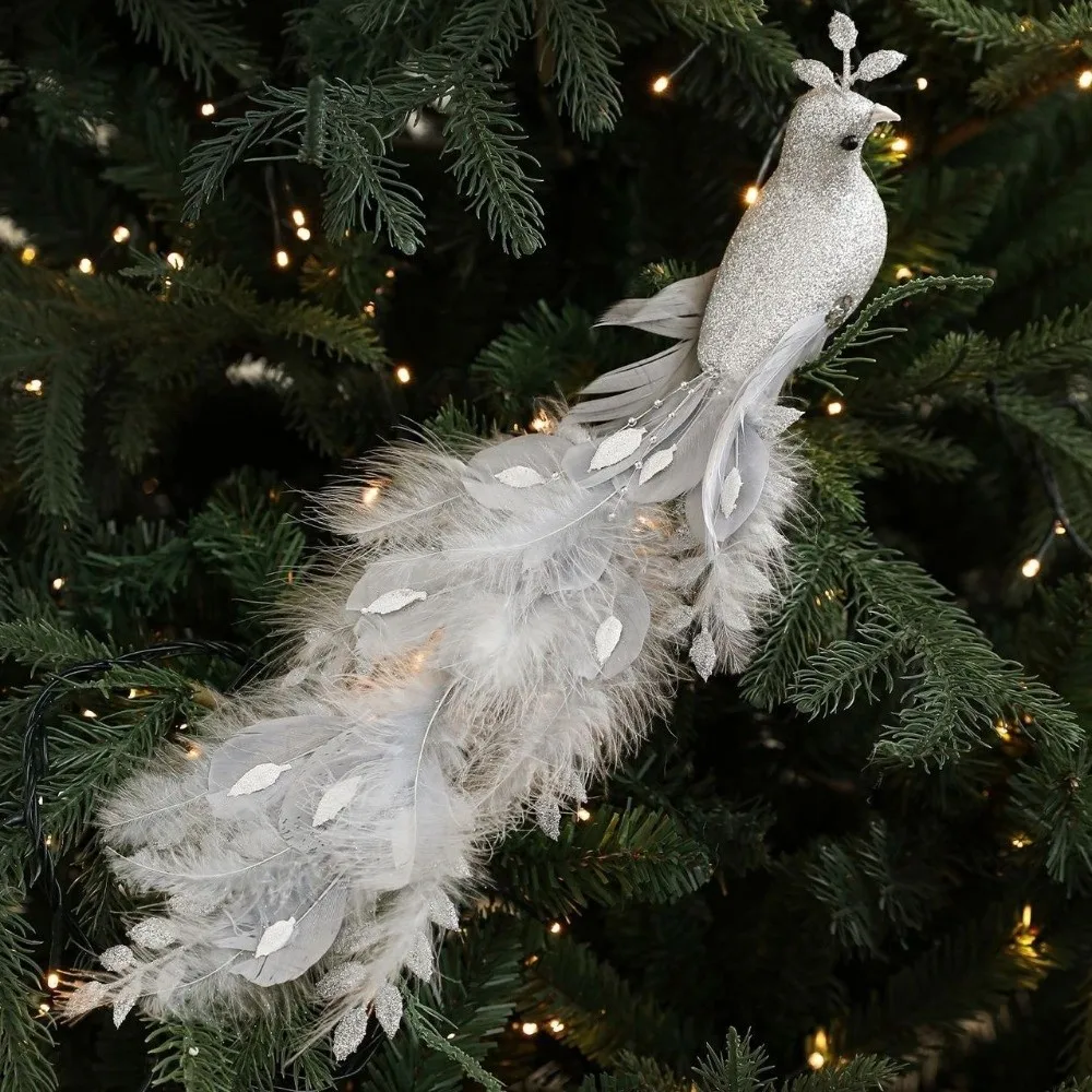 

Elegant Realistic Glitter Christmas Peacock Ornaments Glitter Simulate Simulation Bird Decor Faux Peacock Home Decor