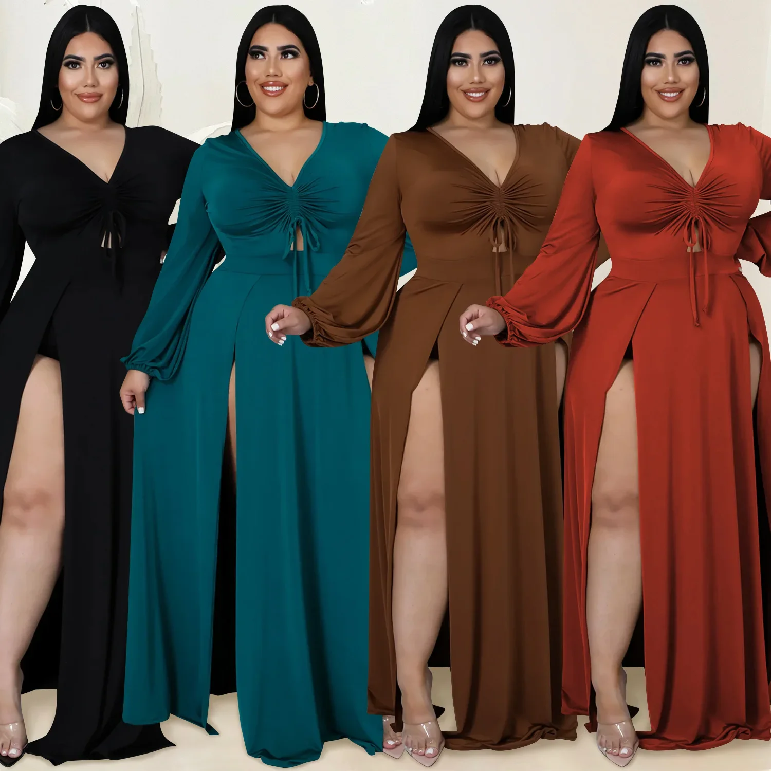 

2025 Autumn Women's Solid Color V-neck Lace-up Split Long Dress Sexy Hollow Split Party Dress Vestido Plus Size 9XL 8XL 7XL 6XL