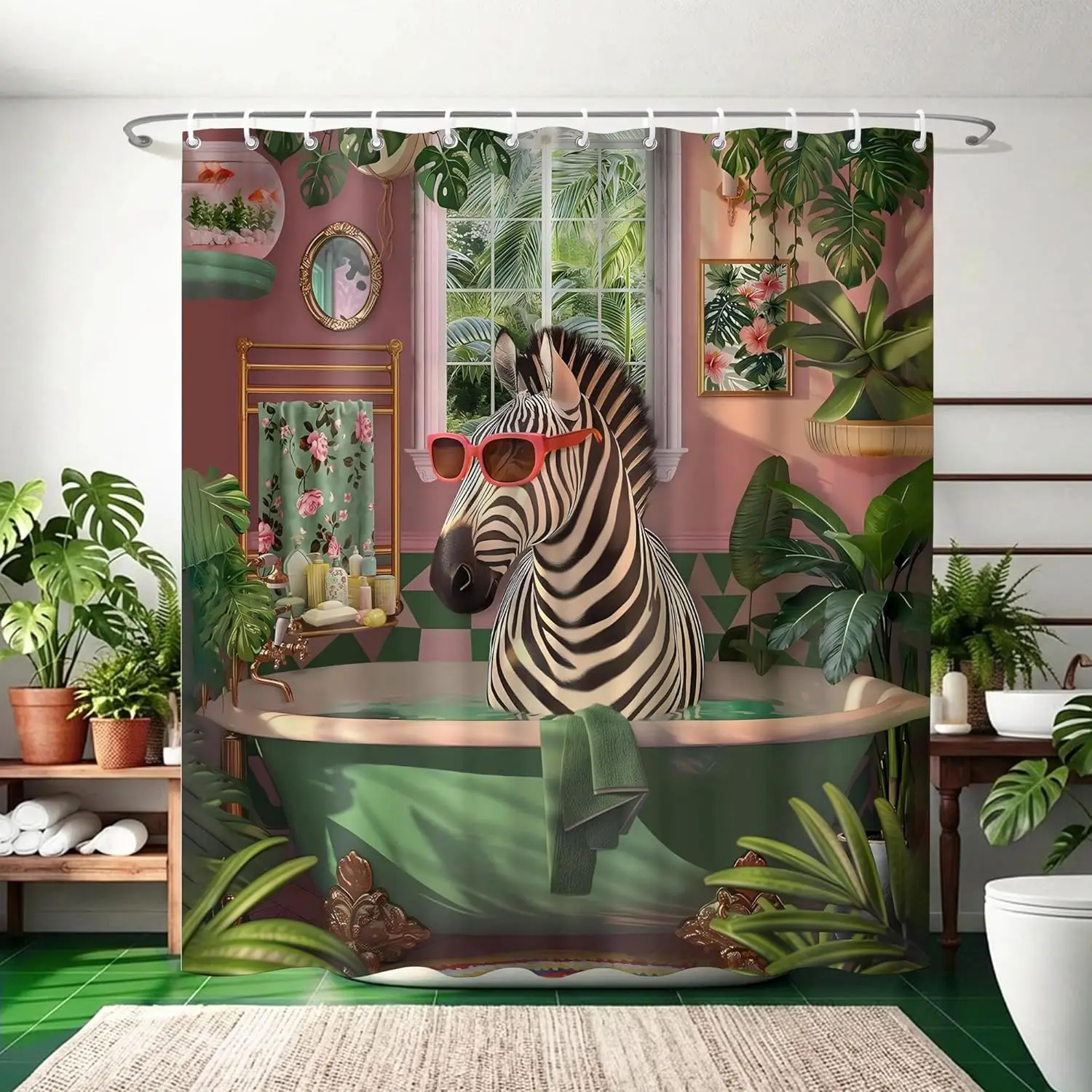 

Funny Zebra Shower Curtain,Animal Print Bathroom Curtains,Tropical Botanical Waterproof Polyester Fabric Bath Curtain Decor