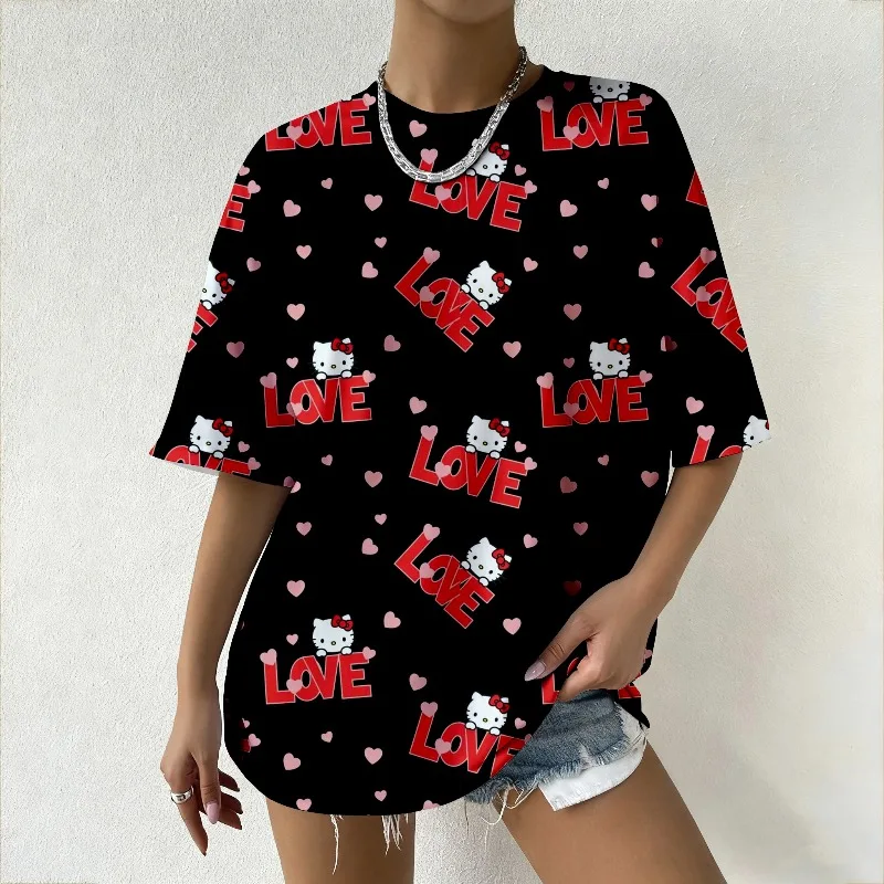 

Модная женская футболка большого размера с рисунком «Hello Kitty», с принтом сердца «ЛЮБОВЬ», с коротким рукавом и круглым вырезом, повседневная уличная одежда, летняя одежда