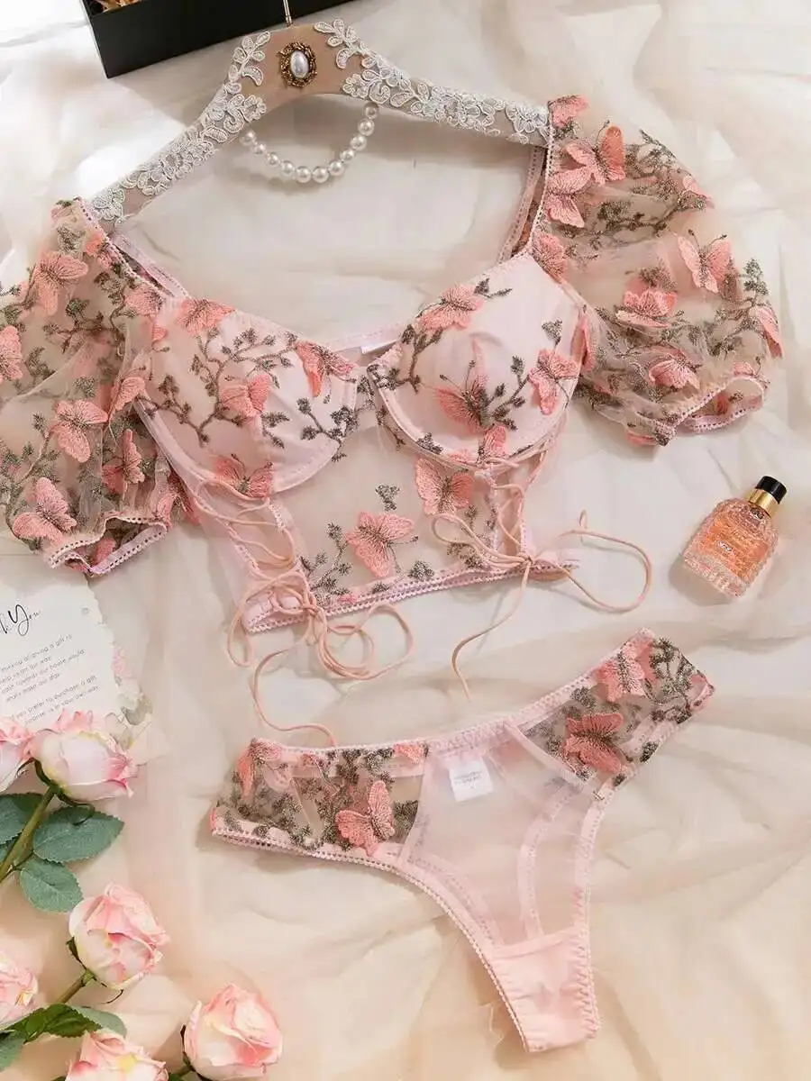 Heißer Verkauf Mädchen Rosa Schmetterling Blume Stickerei Blase Kurzarm Transparent Bodys Tiefe V Charming Casual Dünne GXQN