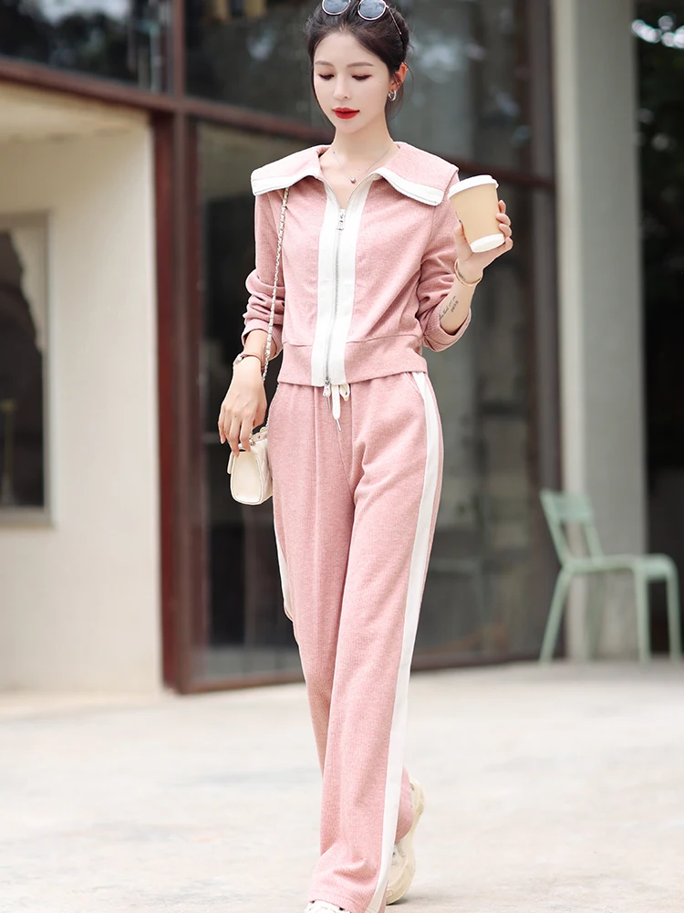 

Women's Long Sleeve Zipper Jacket Coat Elastic Waist Wide Leg Trousers Sports Casual Suits Korean Fashion Autumn 2023