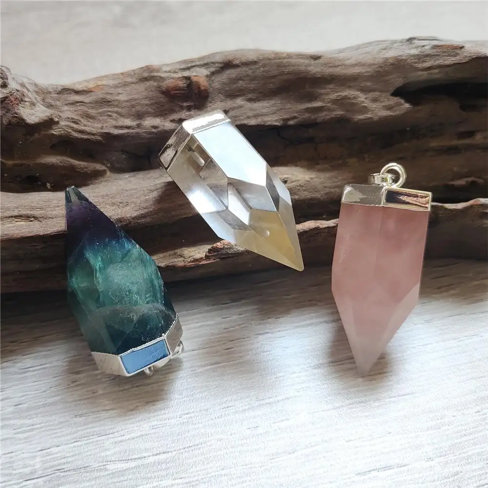 FUWO Wholesale Natural Rose/Clear Quartz Pendant,Silver Plated Fluorite Point Accessories For Jewelry Making 5Pcs/Lot PD326Y