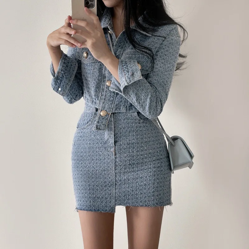 

Denim Suit Women Raw Edge Long Sleeve Short Jeans Jacket + Split Midi Skirts Autumn Small Fragrance Two-piece Set