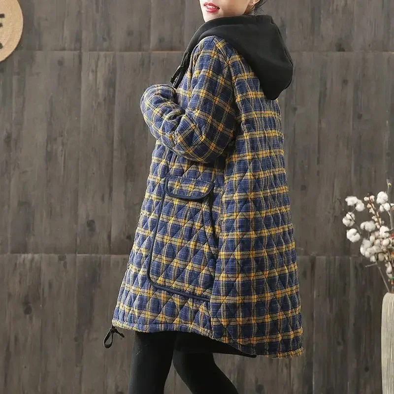 Winter Retro Loose Thick Quilted Cotton Cloth Large Size Cotton-Padded Clothes Women's Cotton Linen Plaid with Middle Long Coat