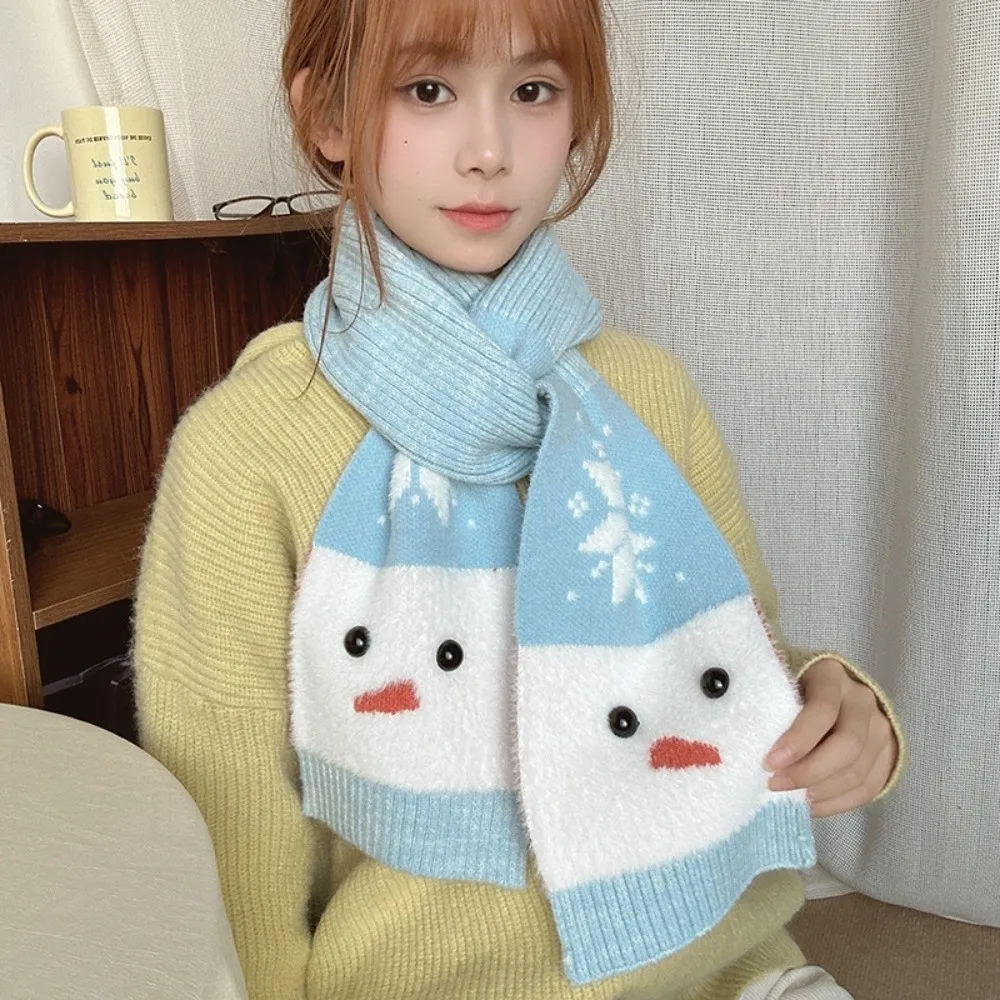 Fashion Snowflake Snowman Pattern Scarf Korean Style Lightweight Cashmere Blend Scarf Blue Warm Knitted Shawl Gift