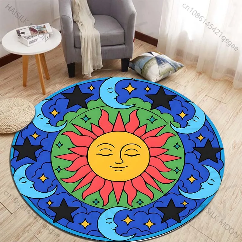 Colorful sun, moon, and star design Printed round carpet living room sofa table carpet large pet mat soft round carpet