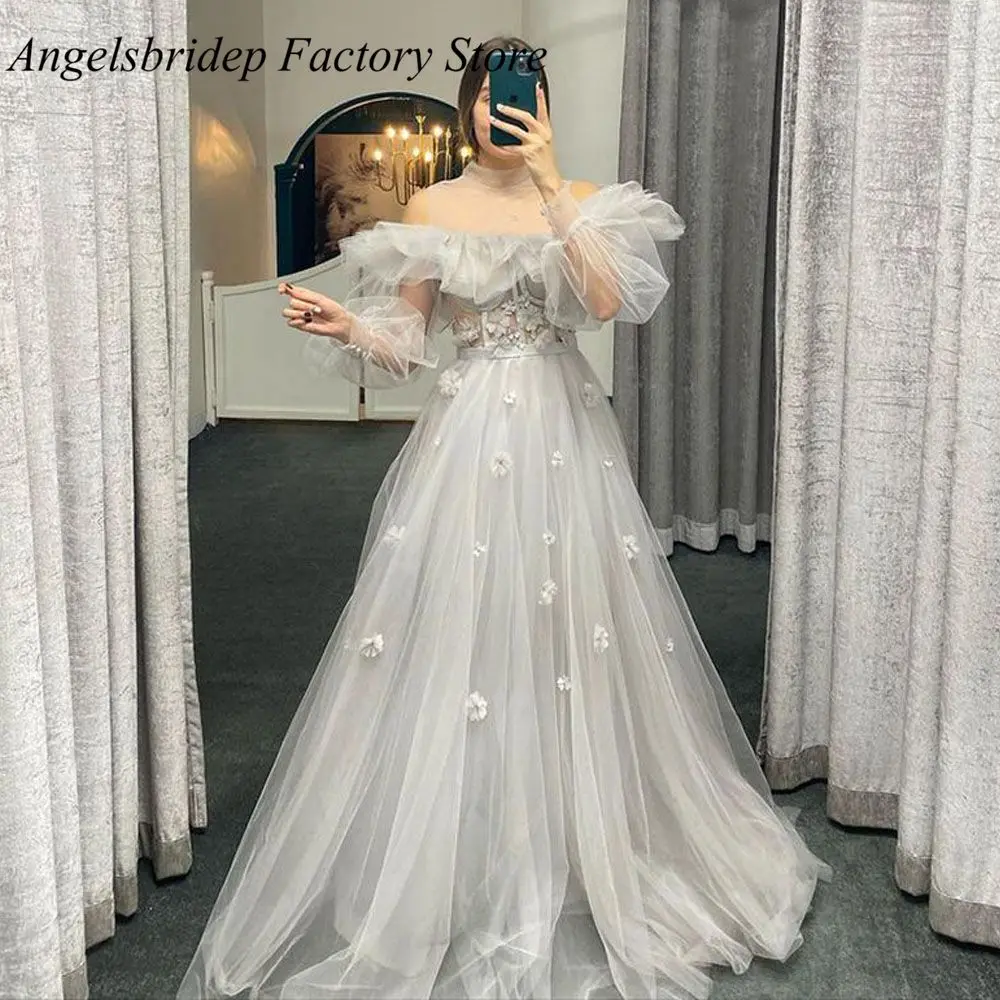 

Angelsbridep Silver Beach Tulle Prom Dresses 2022 High Neck Puff Sleeves Robes De Soirée Formal Vestidos De Gala Evening Gowns