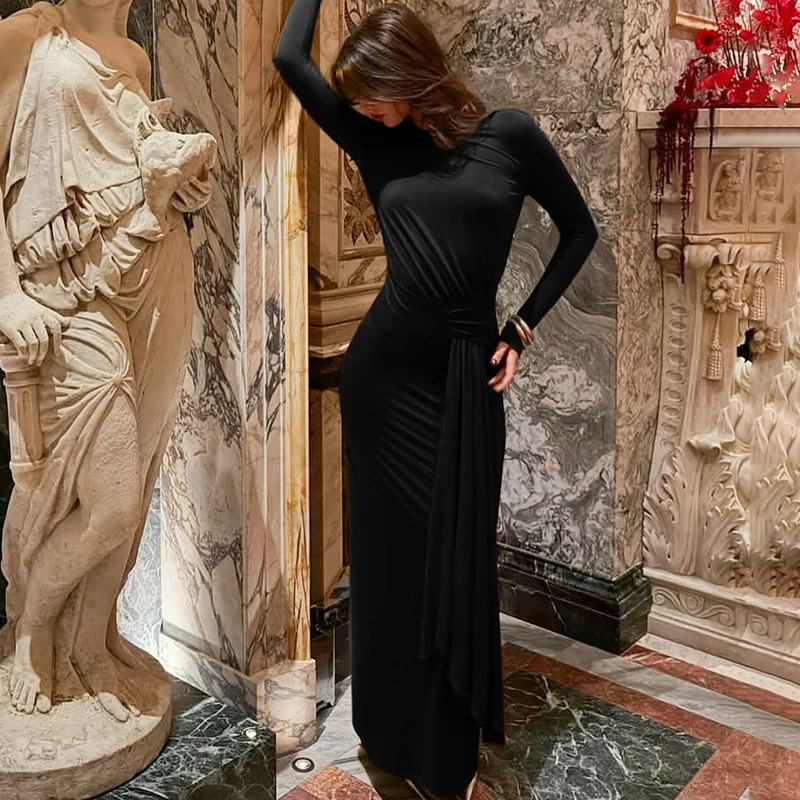 Solid Lange Mouw Bodycon Maxi Jurk Vrouwen Elegante Club Party Hoge Taille Ruches Lint Elastische Slanke Prom Verjaardag Jurken Gewaad