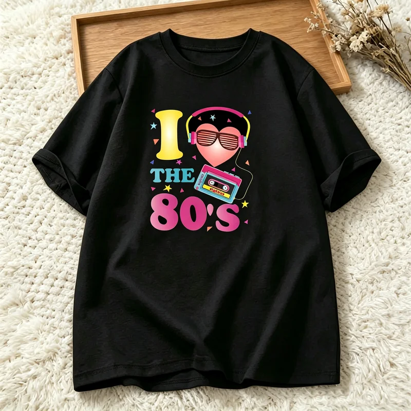 Cool Vintage 1980s Graphic Unisex T‑Shirt I Love The 80s Heart Sunglasses Headphone Cassette Casual Short‑Sleeve Tee Men Women