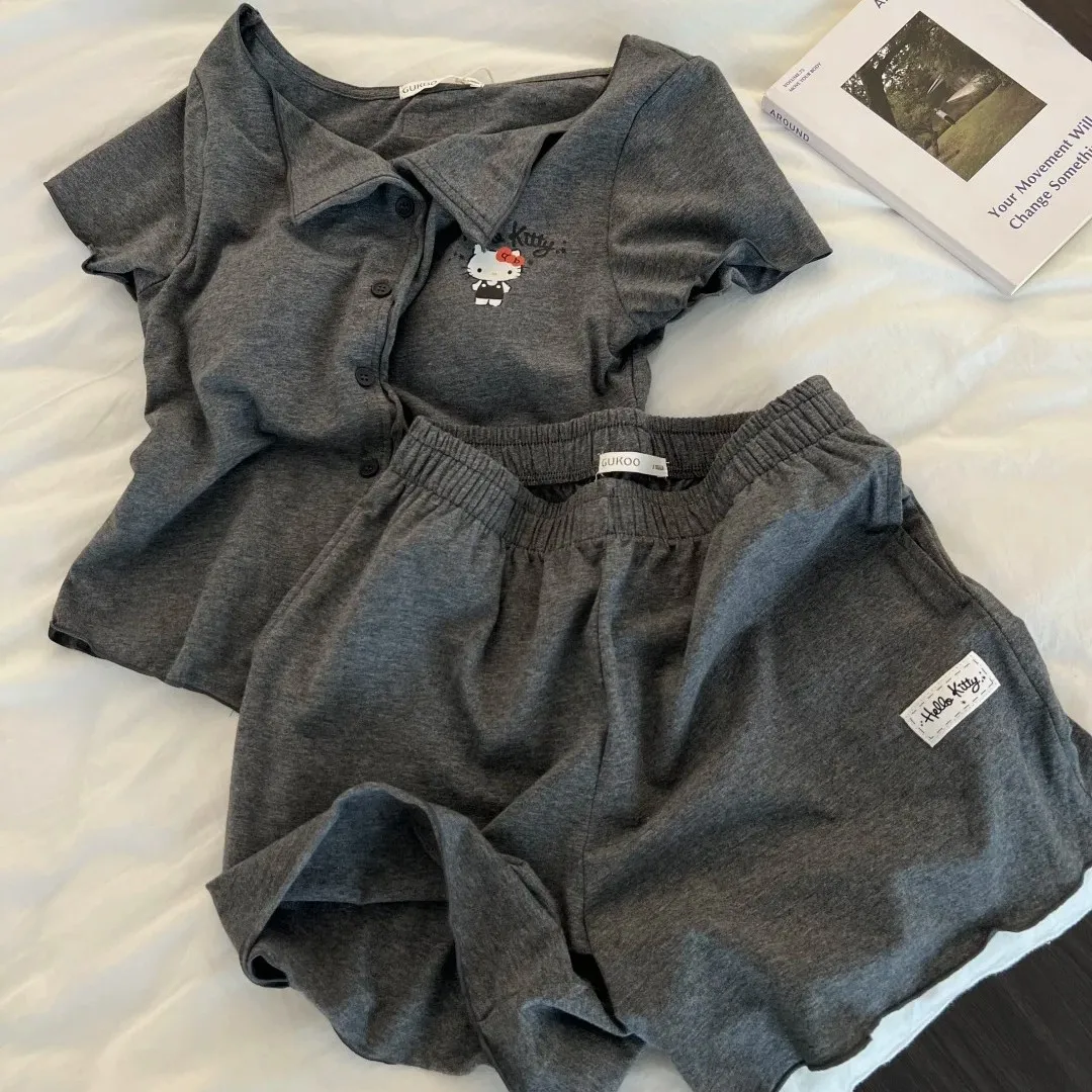 

Hellokit Sleepwear Set with A Chest Pad Cute Cartoon Grey Home Clothes Women Summer Comfortable Nightgown Casual Pajamas Suit