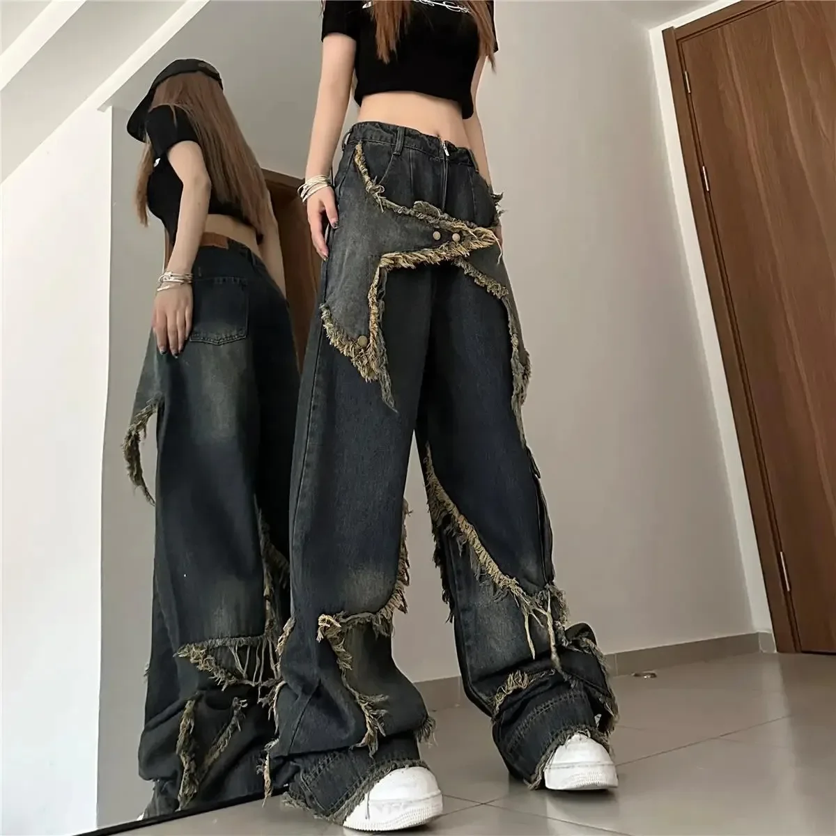 New American Vintage Washed Five-Point Star Frayed Hem Jeans for Women High Street Niche Oversized Straight Leg Long Pants