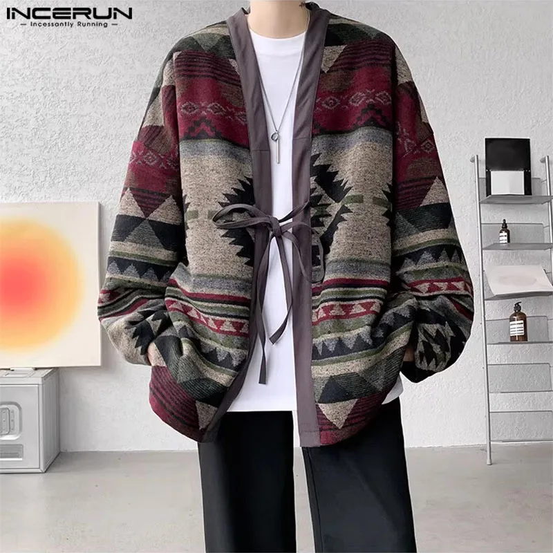 2024 INCERUN Men Casual Long Sleeve Warm Sweaters Printing The National Style Cardigan Loose Autumn Tip Up Handsome Kimonos