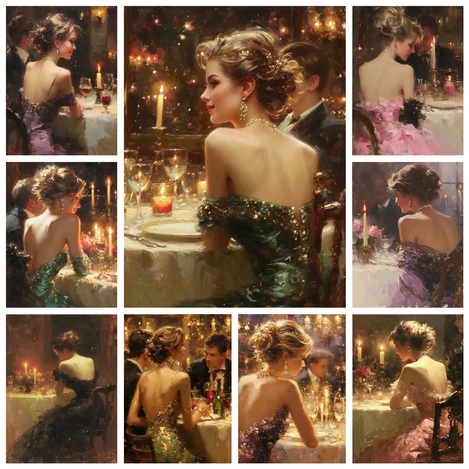 Elegant Evening Lady Canvas Painting Vintage Romantic Dinner Party Scene Portrait Glam Woman In Formal Gown With Candle Light