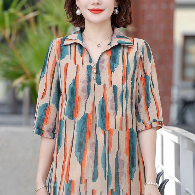 

Striped Mother New Chinese Shirt Temperament T-shirt Women's Loose Summer Clothes
