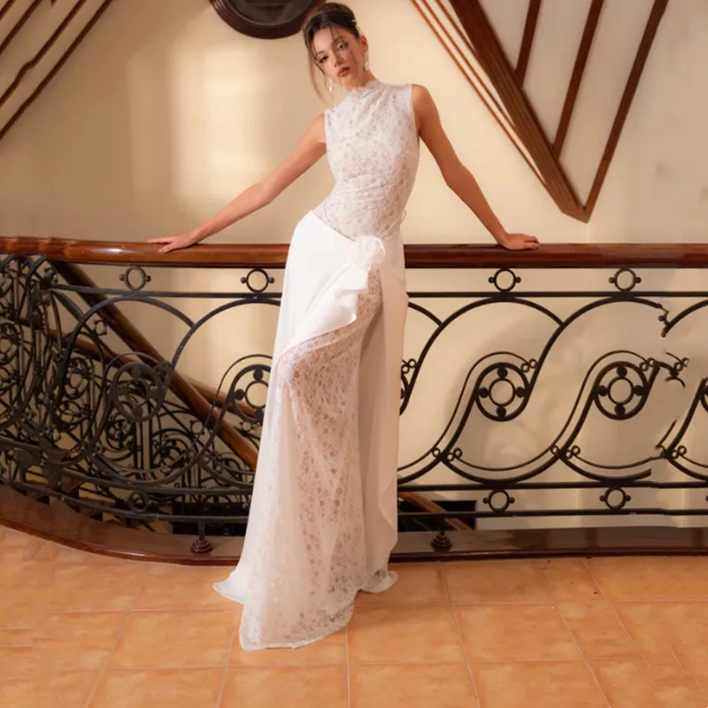 

Современное кружевное свадебное платье-футляр цвета слоновой кости без рукавов с высоким воротом, длиной в пол, простое, с иллюзорной открытой спиной, на молнии, на заказ