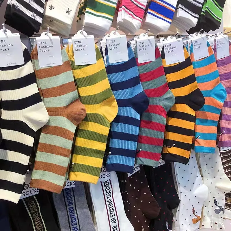 8 Colors High Saturation Dopamine Color Striped Ins Trendy Skateboard Sports Style Vertical Striped Mid Length Socks wholesale