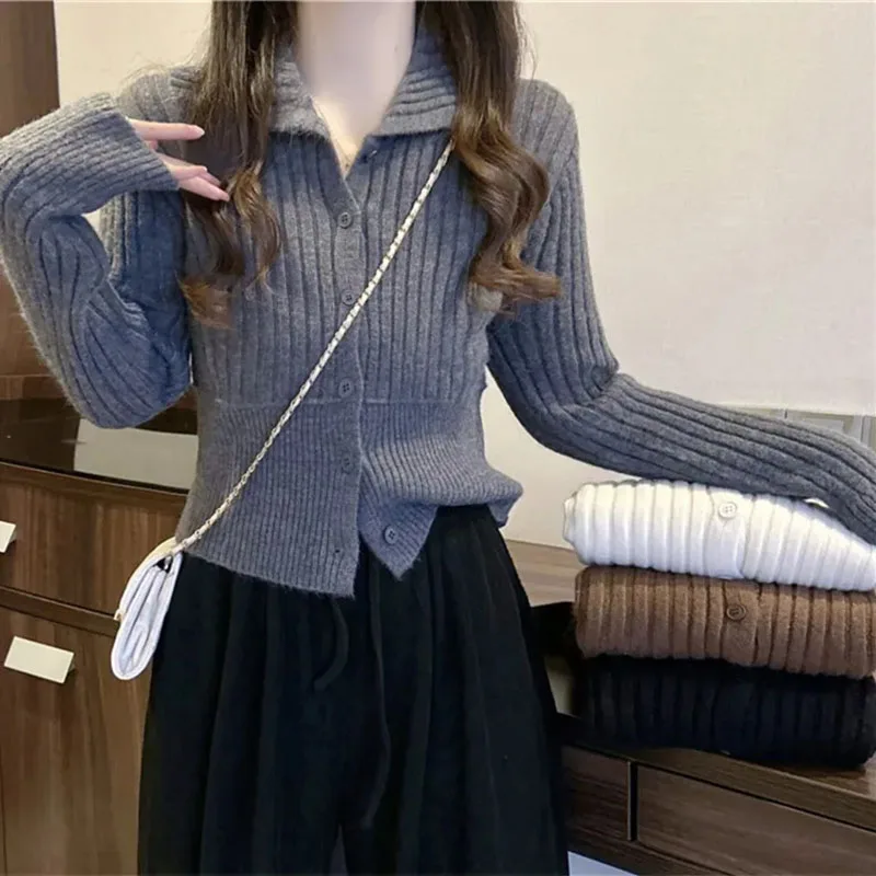 

Корейский приталенный укороченный трикотаж, женский модный вязаный кардиган с завязкой на талии, женский однотонный простой однобортный свитер