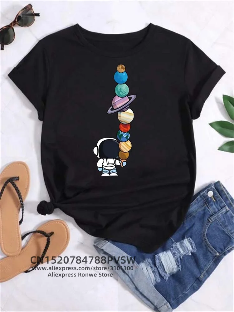 Camiseta feminina de manga curta com gola redonda, camiseta feminina, tops vintage, lua, estampa planetária, casual, streetwear, moda