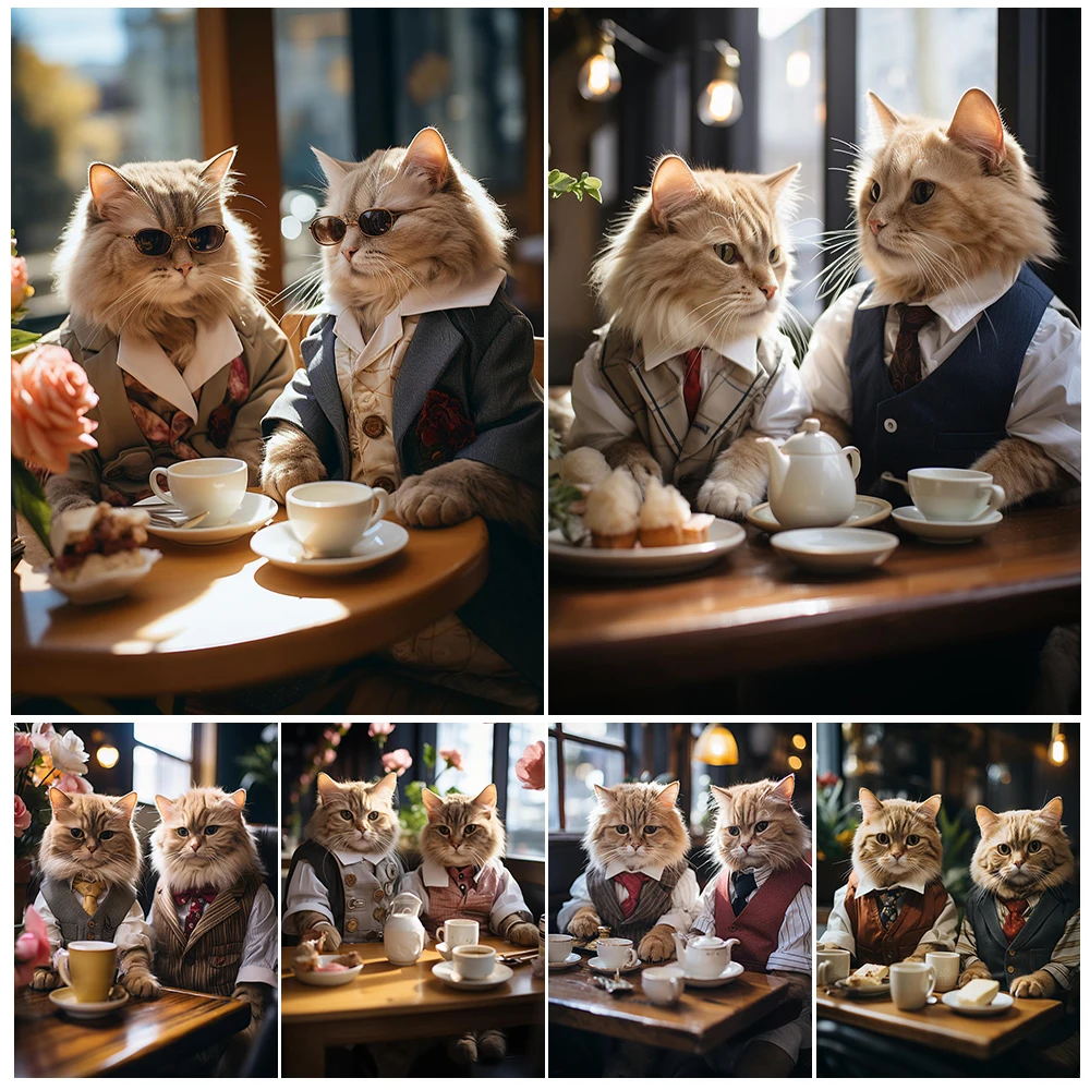 Funny Cat Portrait Friends Gathering Coffee Shop Wall Pictures For Living Room Nordic Poster Wall Art Canvas Painting Unframed