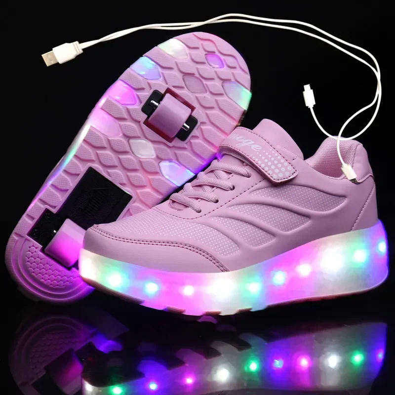 Ładowanie przez USB Czarne dwukołowe świecące trampki Led Light Roller Skate Shoes dla dzieci Buty LED dla chłopców i dziewczynek 28-43