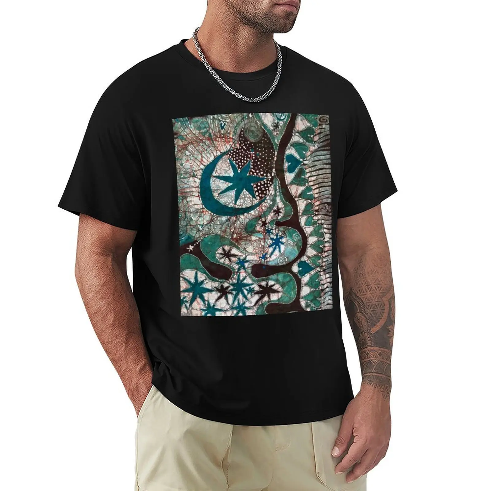

Green Moon Mountain Hearts Batik T-Shirt cotton man t-shirts customizeds blue archive shirts graphic tee men
