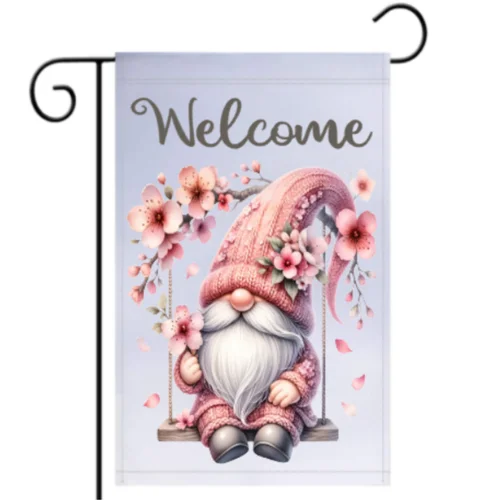 Outdoor Home Decor 12x18 Inch Gnome with Pink Hat Cherry Blossoms Welcome Flag UUI GGX