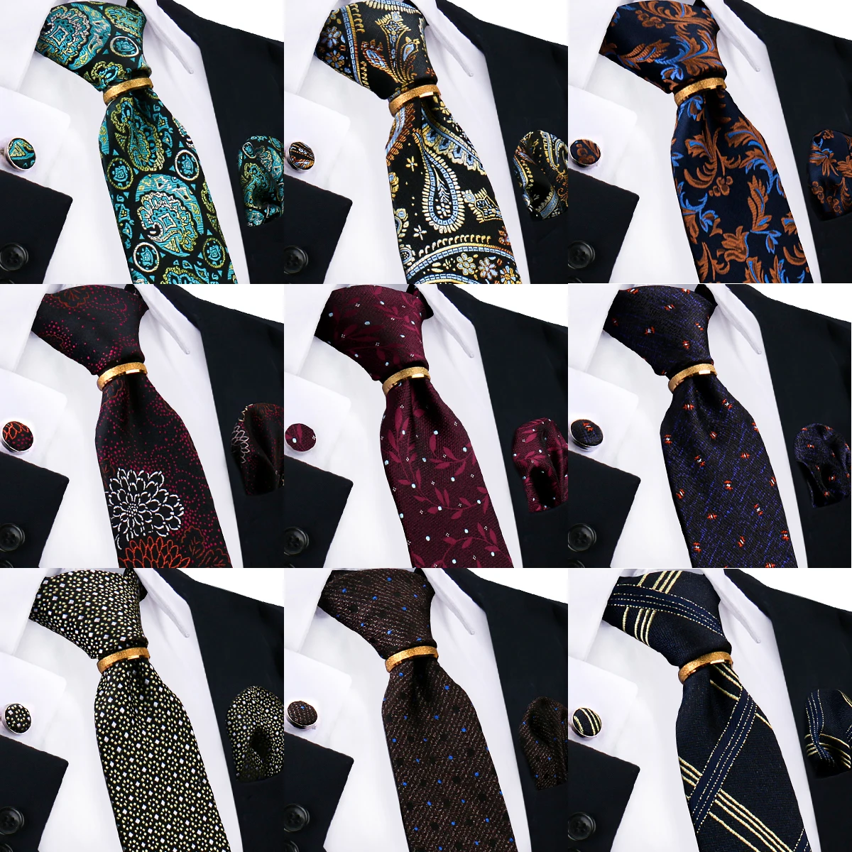 Tie Set For Men Necktie Ring Handkerchief Cufflinks With Gold Ring Clip Suit For Wedding Party Accessories Fashion Gravats