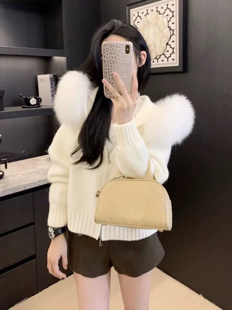 Sueter Mujer Fashion Patchwork Furry Hooded Cardigan Women Thick Jacket Casual Knitted Coat Y2k Double Zipper Sweater Ropa Mujer