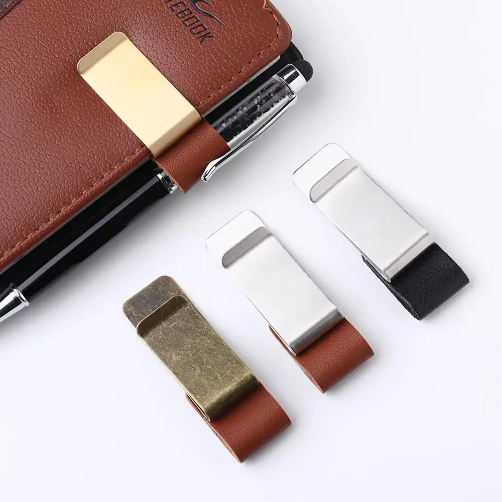 Stationery Convenient Metal Notebook Holder Handmade Leather Brass Pen Folder Stainless Steel Clips