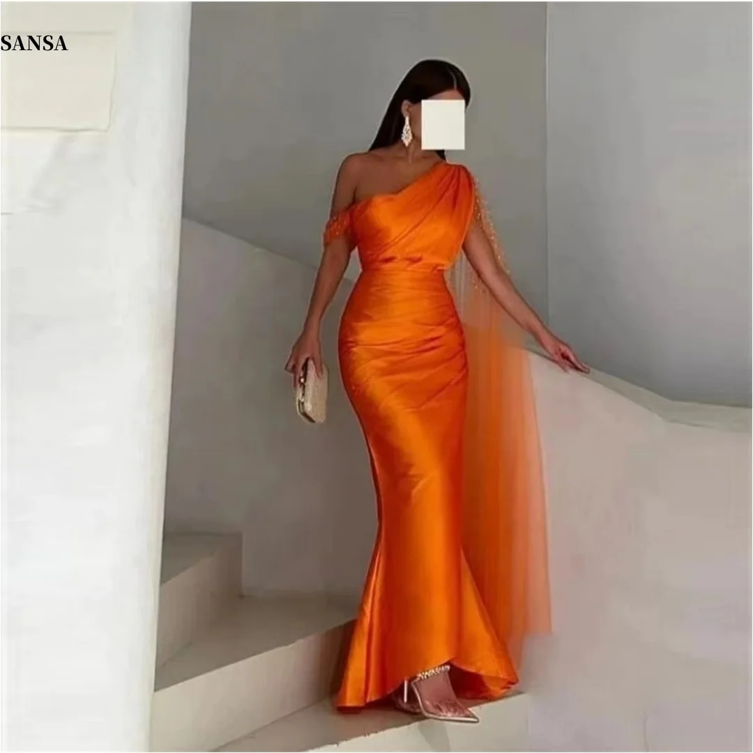 

Sansa Customized Orange Slanted Shoulders Glitter Prom Dresses Mermaid فساتين للمناسبات الخاصة Ankle-Length vestidos de festa