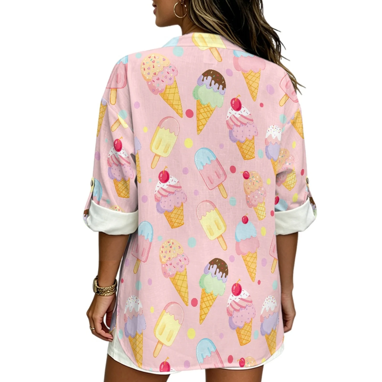 PENSTROLL Ice Cream Polka Dot Linen Style Tunic Blouse for Daily Wear Relaxed Fit Womens Long Sleeve Tops Tunic Dress Shirts view 3