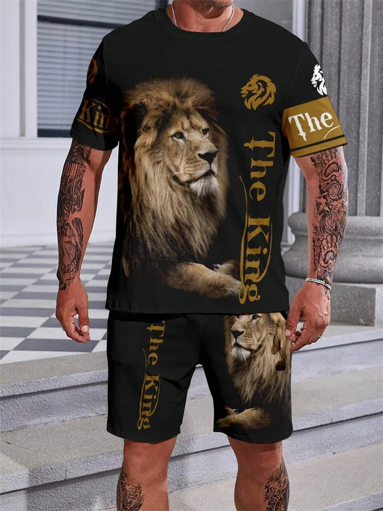Men's Summer Round Neck T Shirt Shorts Set Lion Printed Suit Men Street Outdoor Fashion Hawaii Beach Vacation Casual Set